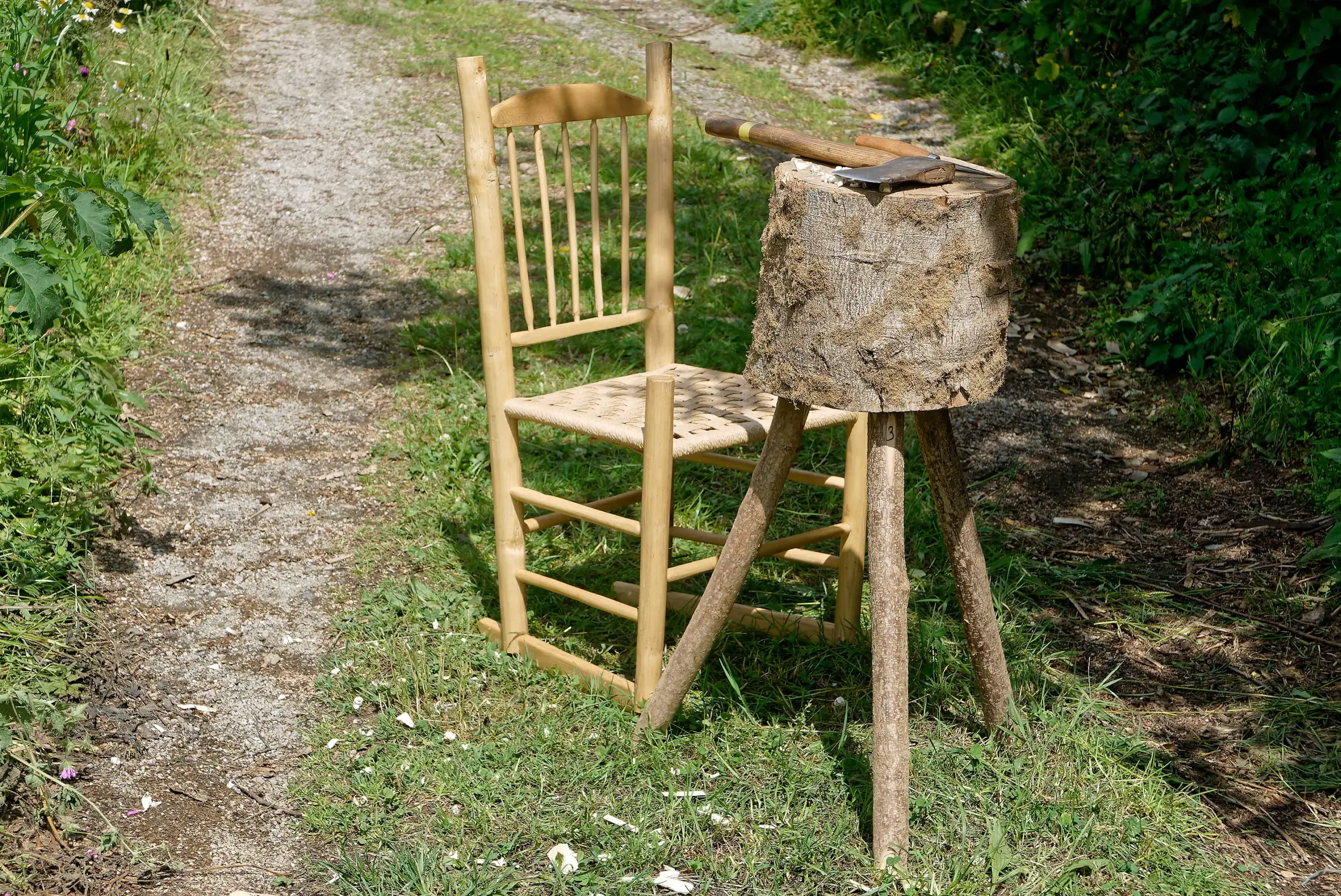 woodworking tools, chair, block table axe