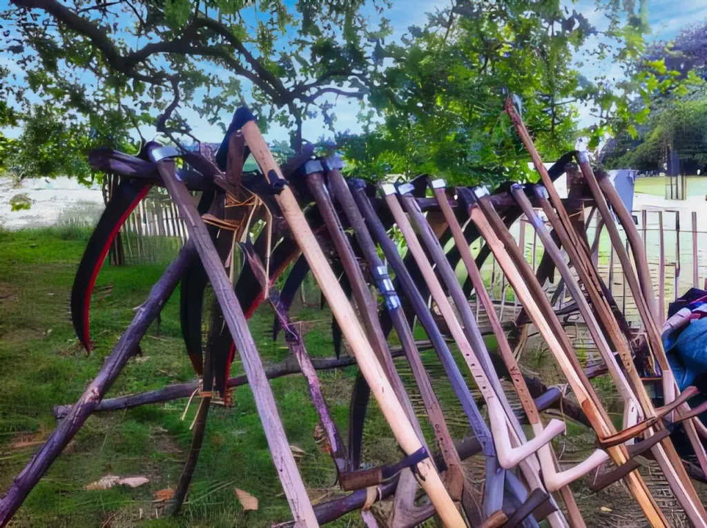 scythes leaning against a rack